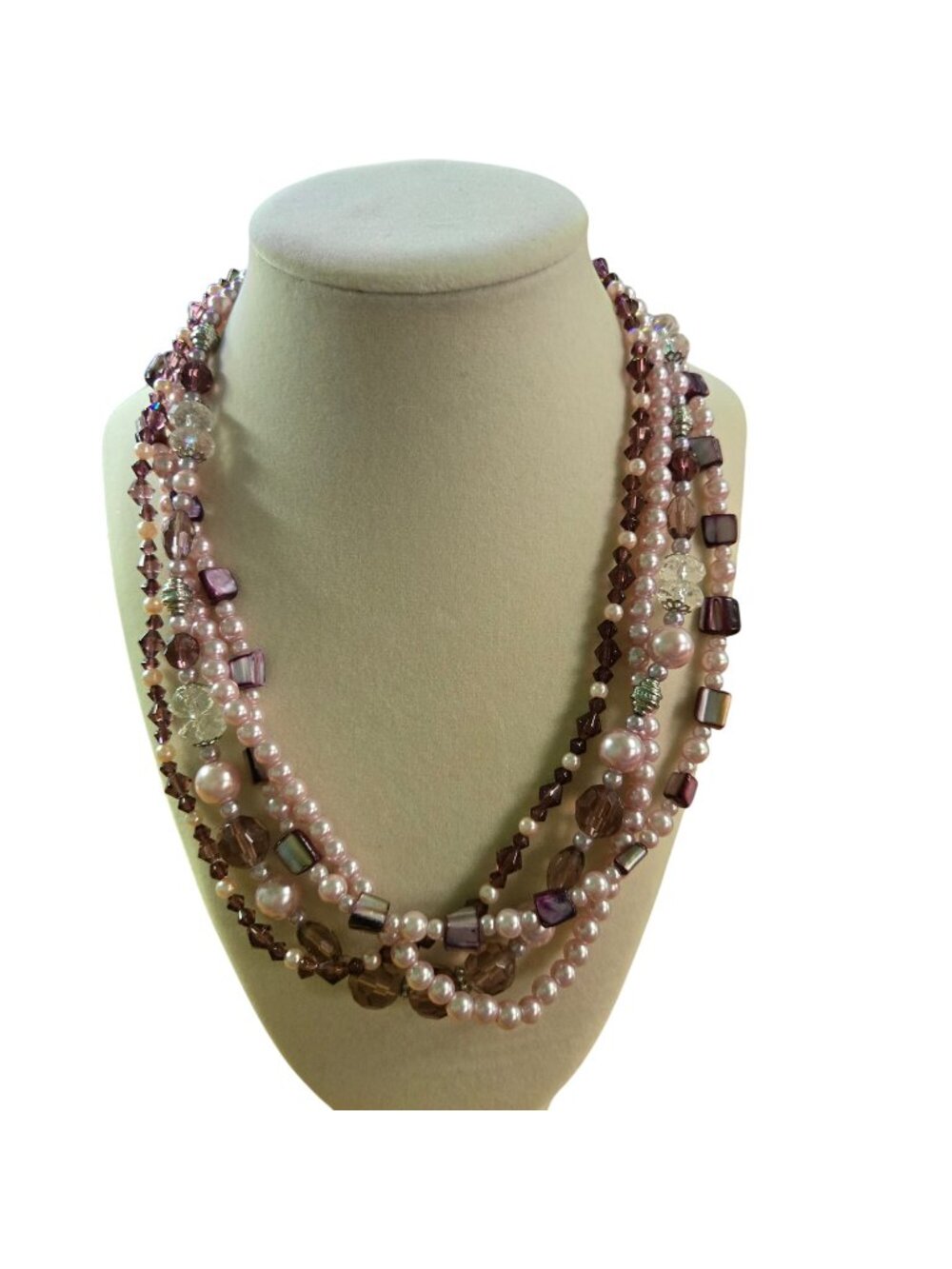 Stunning Vintage 4 Stand Pink Pearl Amethyst Crystal Silver Beaded Necklace 18"